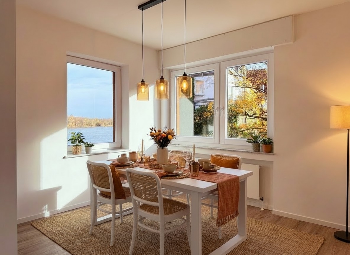 Essbereich mit Blick auf den Rhein